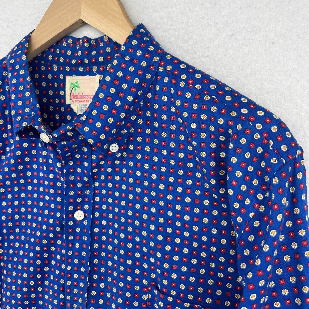 REMINISCENCE Shirt Men L STEWART RICHER Button Up Geometric Woven Blue Vintage